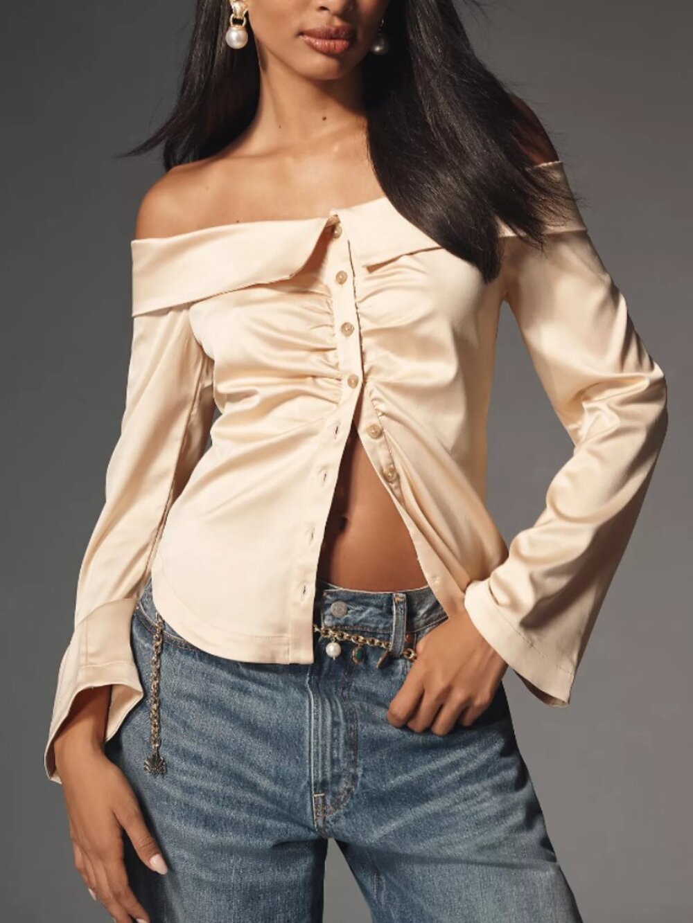 Anthropologie Off the Shoulder Collar Silky Shirt Beige Tan Button Front Ruched